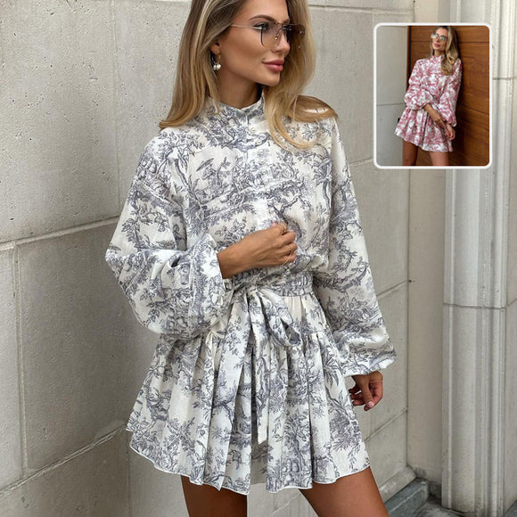Elegant Boho Trapeze Dress women Printed with Puff Sleeves