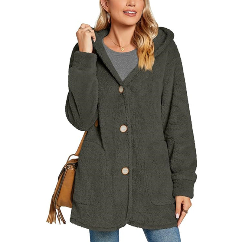 Women's cardigan jacket buttoned with hood with pockets long sleeves casual