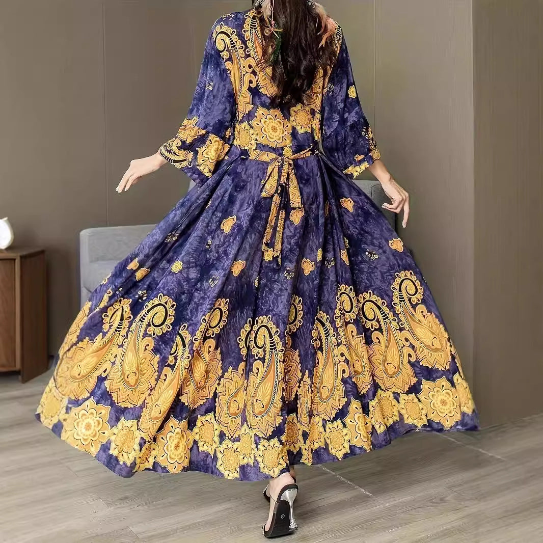 Women's maxi dress bohemian floral print elegant long sleeves