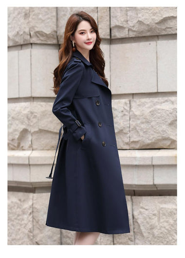 Buy navy-blue-without-lining Women's trench coat elegant over knee with belt double-breasted
