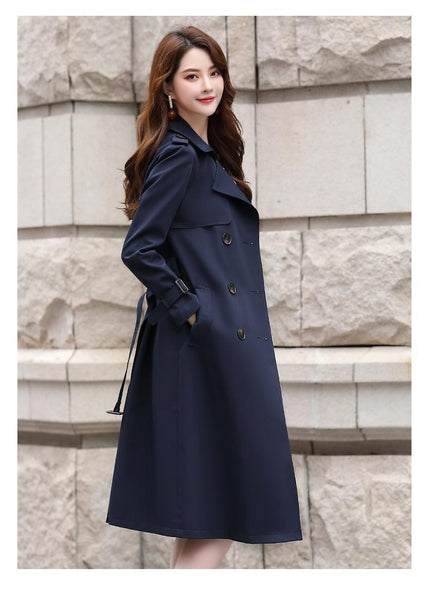 Buy navy-blue-without-lining Women's trench coat elegant over knee with belt double-breasted