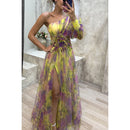 Women’s Sexy Maxi Dress Elegant Tie Dye Mesh Off Shoulder Slit