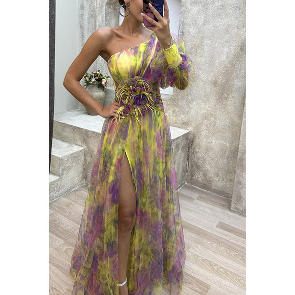 Women’s Sexy Maxi Dress Elegant Tie Dye Mesh Off Shoulder Slit