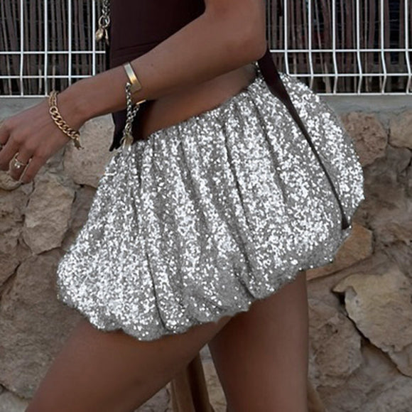Women's mini skirt elegant with sequins silver shiny elastic sexy