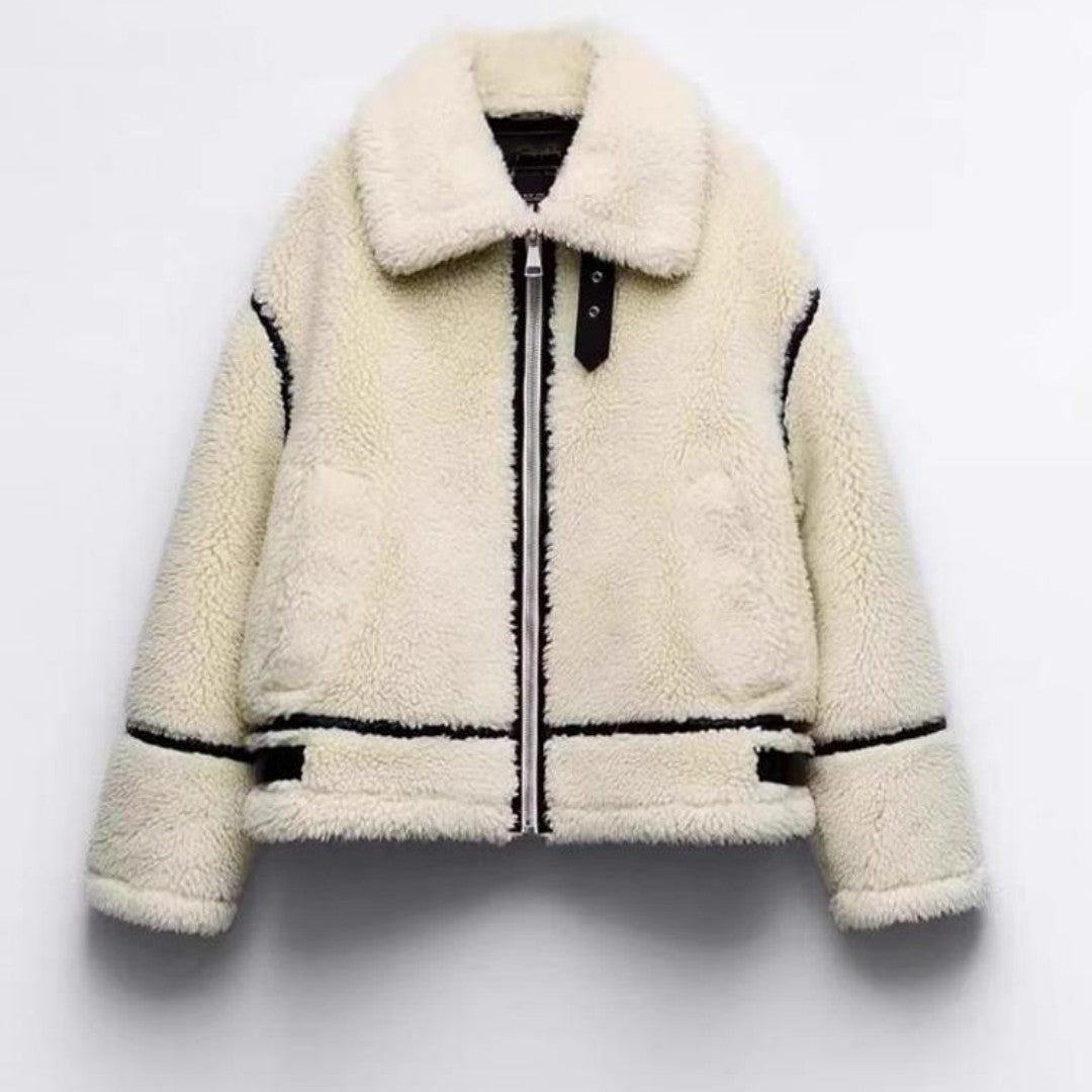 Women's jacket zipped in faux fur elegant lapel collar warm