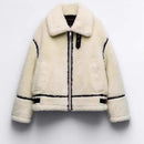 Women's jacket zipped in faux fur elegant lapel collar warm