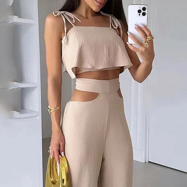 Women's Sets Elegant Two Piece Sleeveless Lace Up High Waist Wide Leg Pants