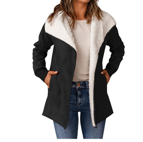 Women's coat warm plush long sleeves trendy open front vintage solid