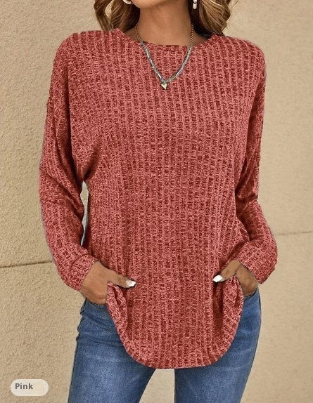 Women's sweater ribbed knit elegant round neck, casual, long sleeves