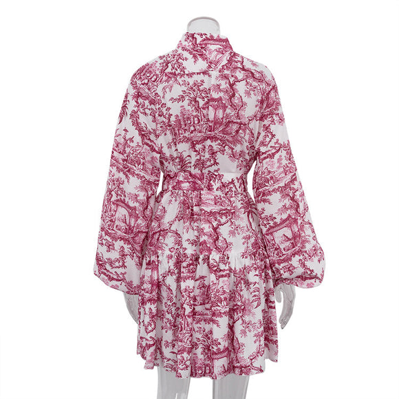 Elegant Boho Trapeze Dress women Printed with Puff Sleeves