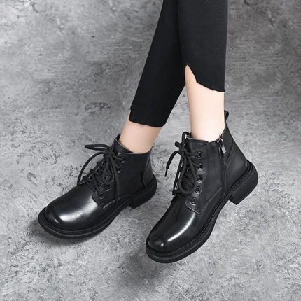 Buy black-single-lining Women's Ankle Boots elegant Soft Leather Waterproof Platform Round Head