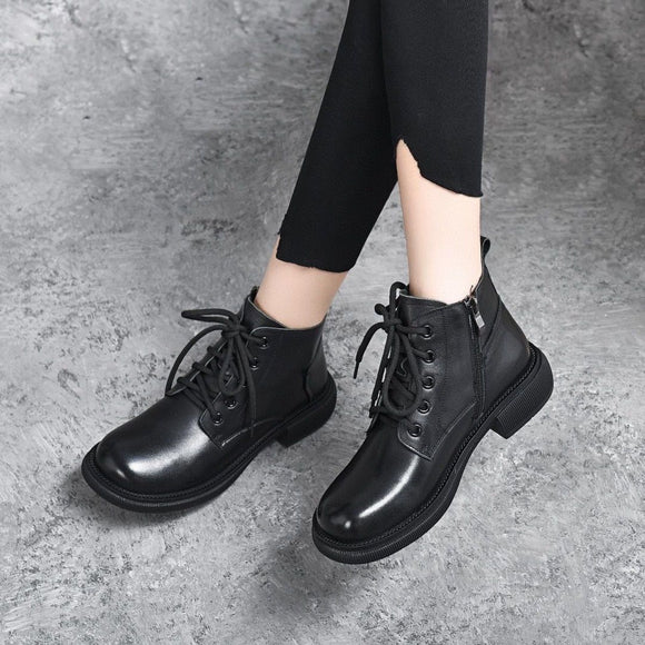 Women's Ankle Boots elegant Soft Leather Waterproof Platform Round Head