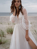 Women’s Beach Wedding Dress Elegant V-Neck Puff Sleeve Mesh Boho Gown with Appliques-6