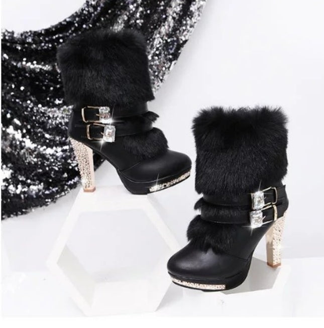 Women's Boots rhinestone fur high heels elegant, warm, comfort