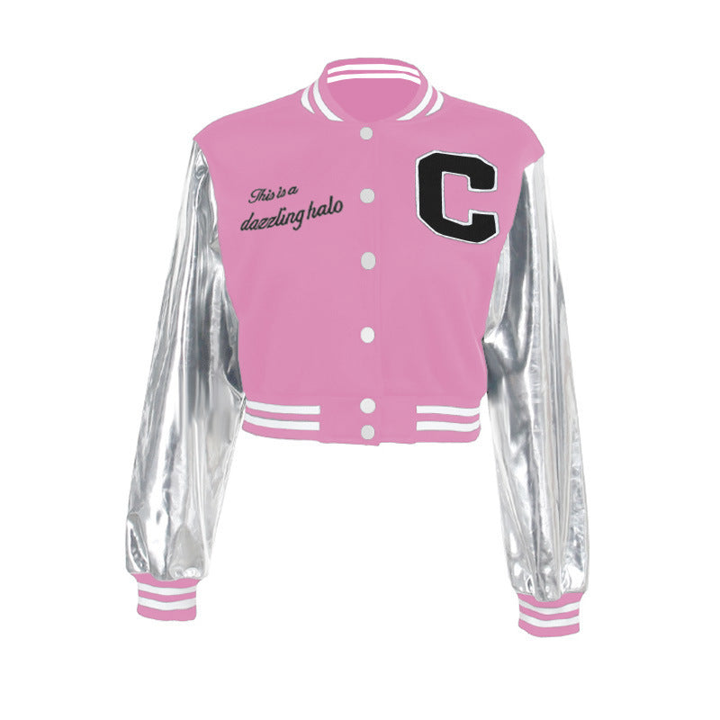 Women's jacket elegant metallic with letter embroidery in patchwork