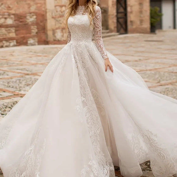 Women’s Wedding Dress Elegant Long Sleeve Lace Vintage A Line Bridal Gown