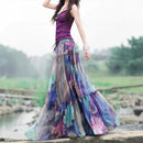 Women's long skirt pleated muslin elegant floral print wide hem