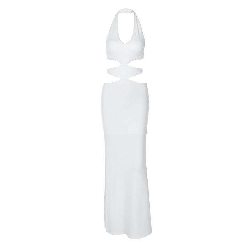 Women's evening dress  long in white jersey backless cut out on the front