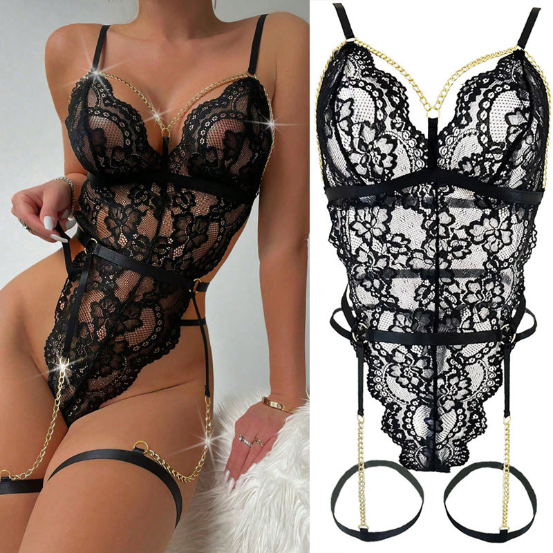 Women's lingerie set elegant crotchless sexy transparent lace