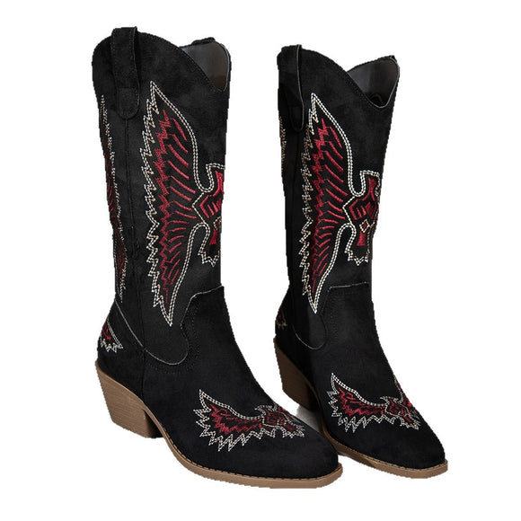 Women’s Boots Elegant Suede Embroidery Mid Heel Knight Cowboy Style Large Size