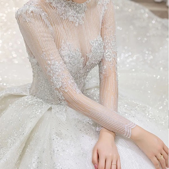 Wedding Dress Lace with appliques, train, long sleeve, peals