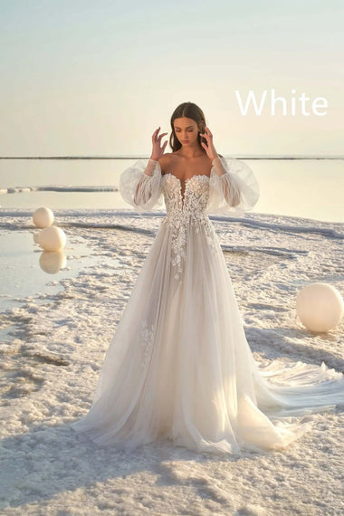 Beach Wedding Dress Elegant Lace Puff Sleeves With Appliques