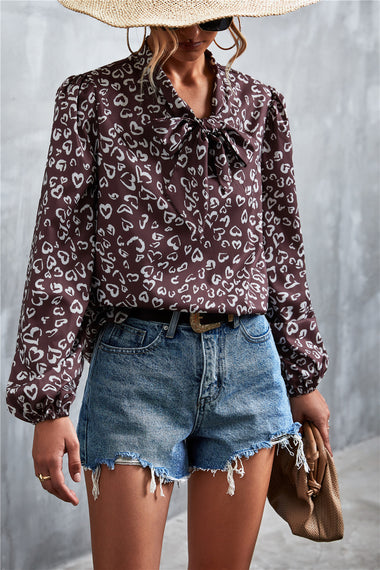 Elegant Women's Shirt with Bow Tie, Chiffon, Printed Long Sleeve