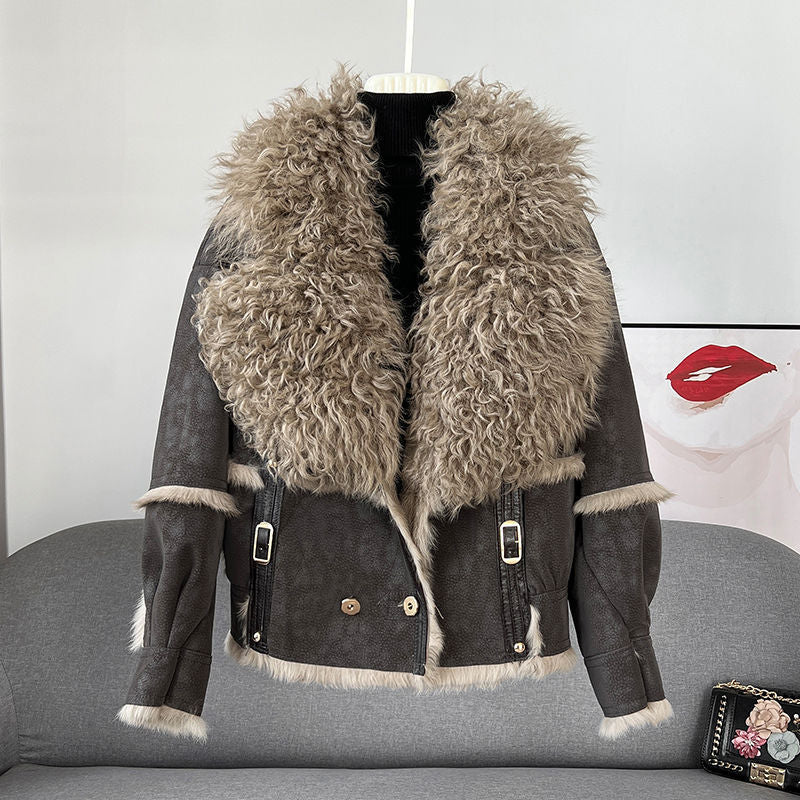 Women's coat elegant in rabbit fur sheepskin collar warm streetwear