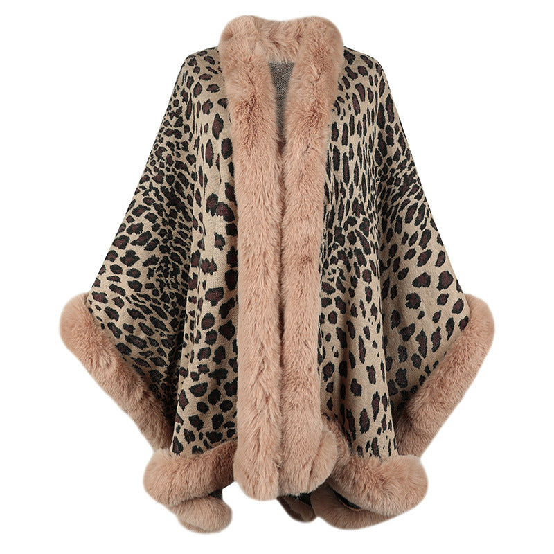 Women's Cape Cardigan with fur collar leopard print coats elegant thick warm