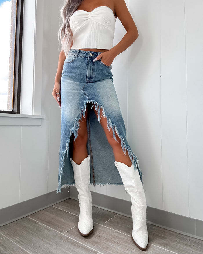 Women's long skirt denim elegant ripped and split