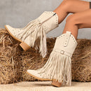 Women’s Mid Boots Elegant Western Cowboy Belt Buckle Rivet Tassel-3