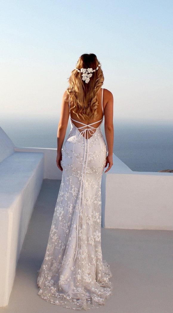 Women's Wedding Sexy Bridal Dress Straps Lace Backless V Neck