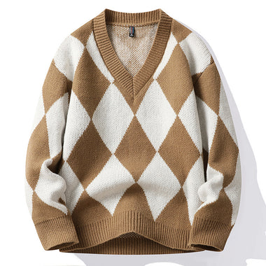 Buy khaki Men’s Knit Sweater Pullover Elegant Loose Oversized V Neck Long Sleeve