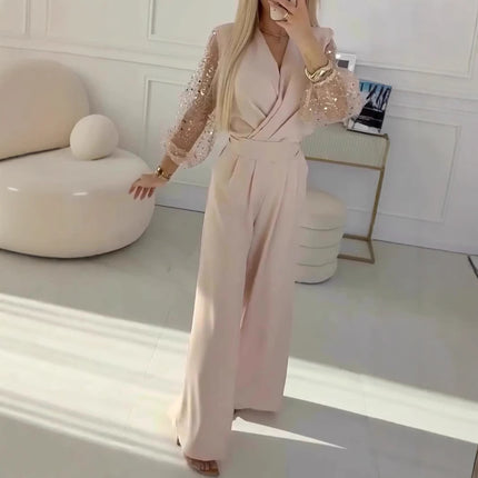 Women's Elegant Jumpsuit Sequined Top Wide Leg Pants Casual Suit