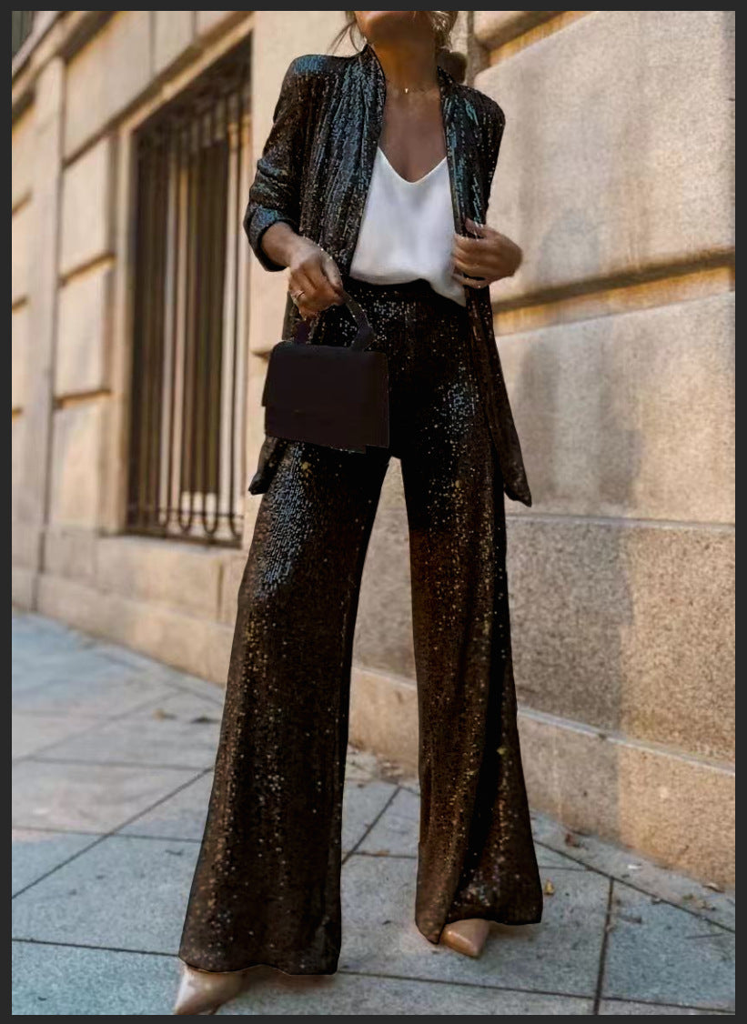 Women's set 2 piece sequined jacket and pants long sleeves wide legs