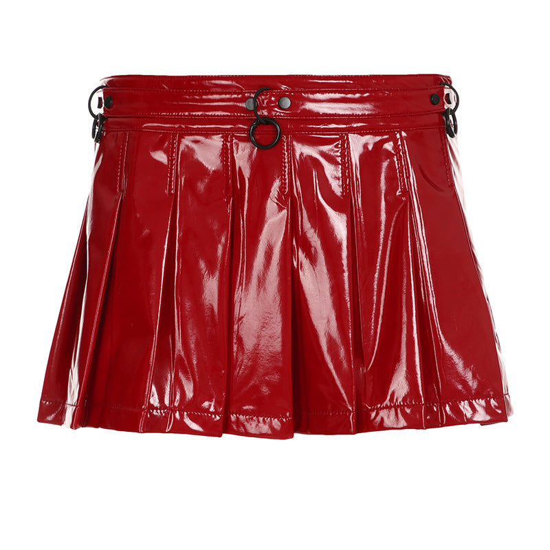 Women's skirt leather shiny pleated patchwork with metal decoration