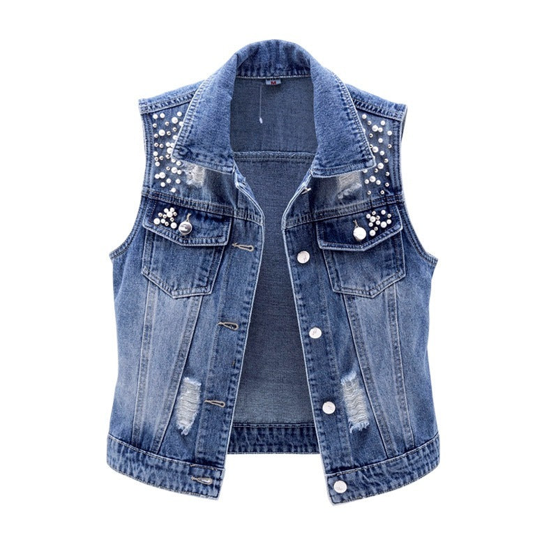 Women's jacket denim ripped luxury pearls elegant sleeveless large size