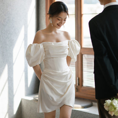 Women’s Mini Wedding Mermaid Dress Elegant Off Shoulder Puff Sleeve Gown