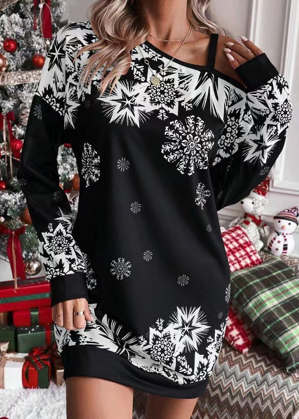 Women's Christmas dress snowflake print long sleeves sloping shoulders