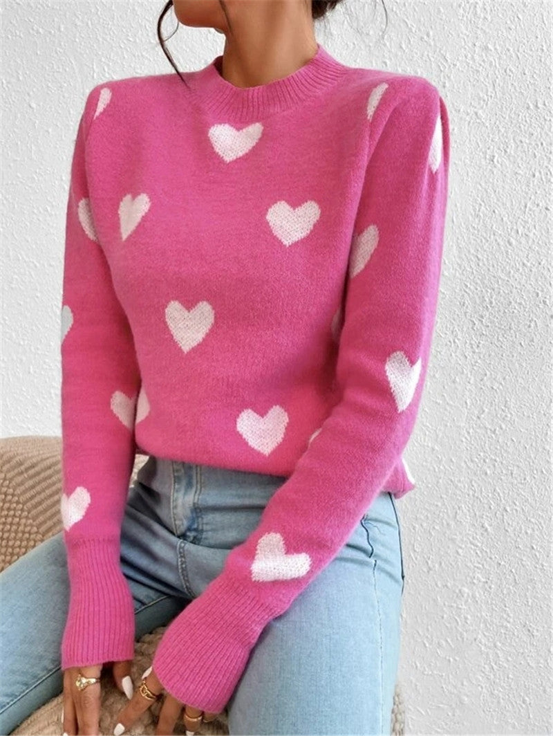 Women's Sweater knitted loose round neck elegant, heart pattern, soft