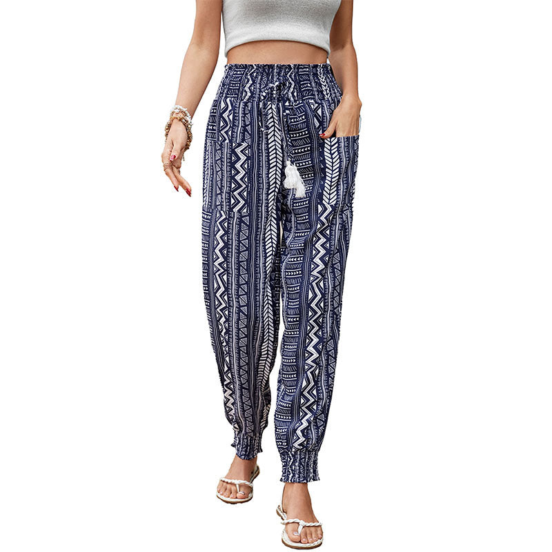 Women's high-waisted elasticated ruched jogging pants with drawstring