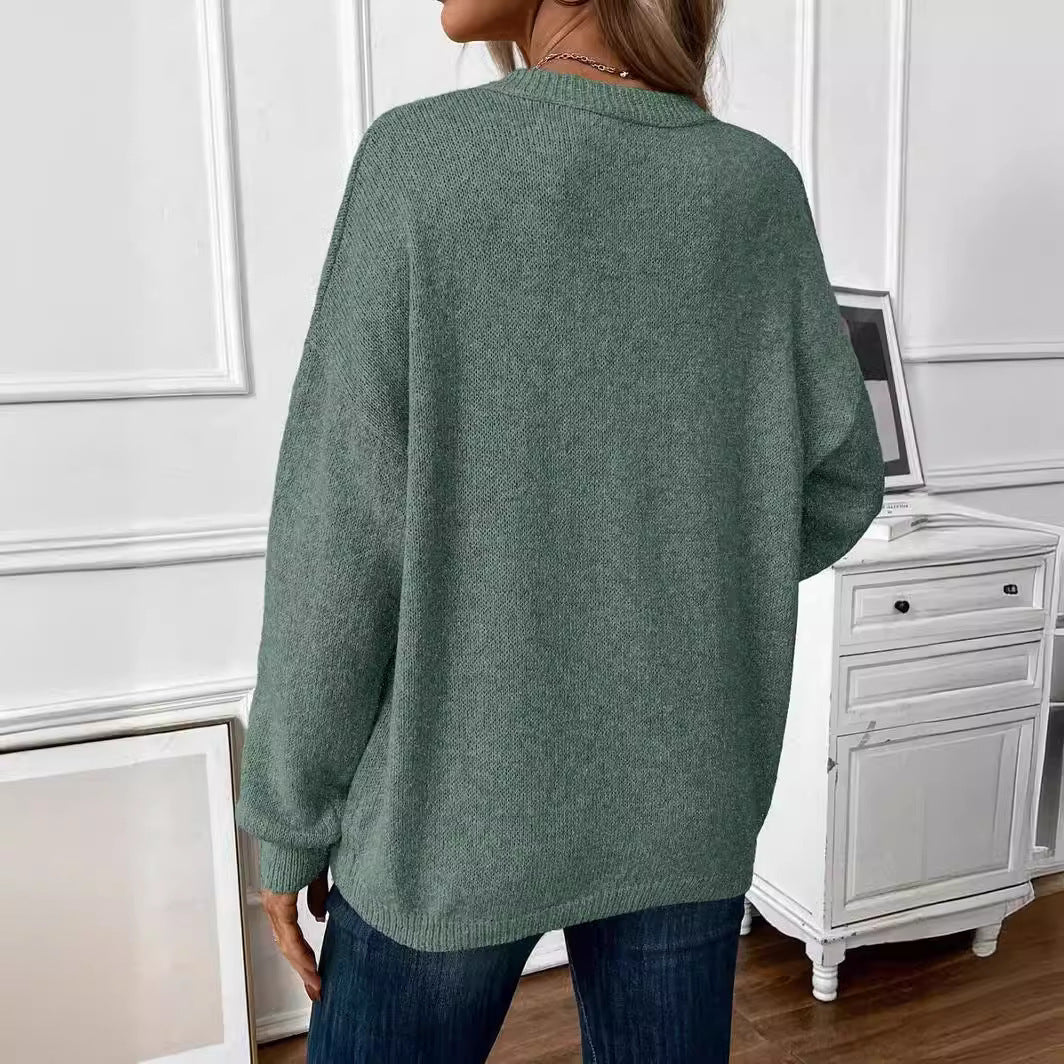 Women's sweater knitted plain casual, round neck, long sleeves