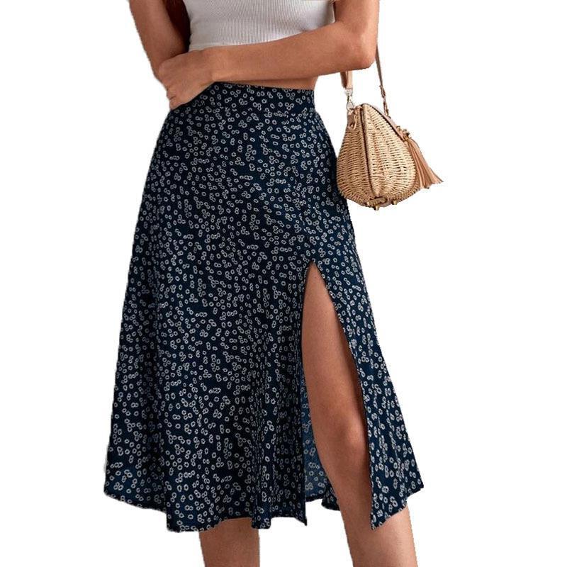 Women's midi skirt bohemian elegant high split floral print