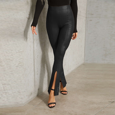 Elegant straight women pants in elastic leather, bell bottom, wide legs