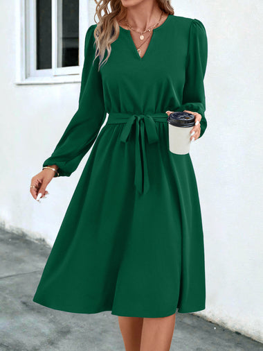 Women's dress trapeze, elegant long sleeve, solid belted, V neck