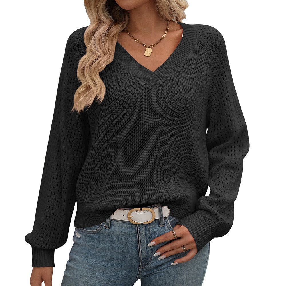 Women's sweater Knitted, long sleeves, elegant openwork V-neck