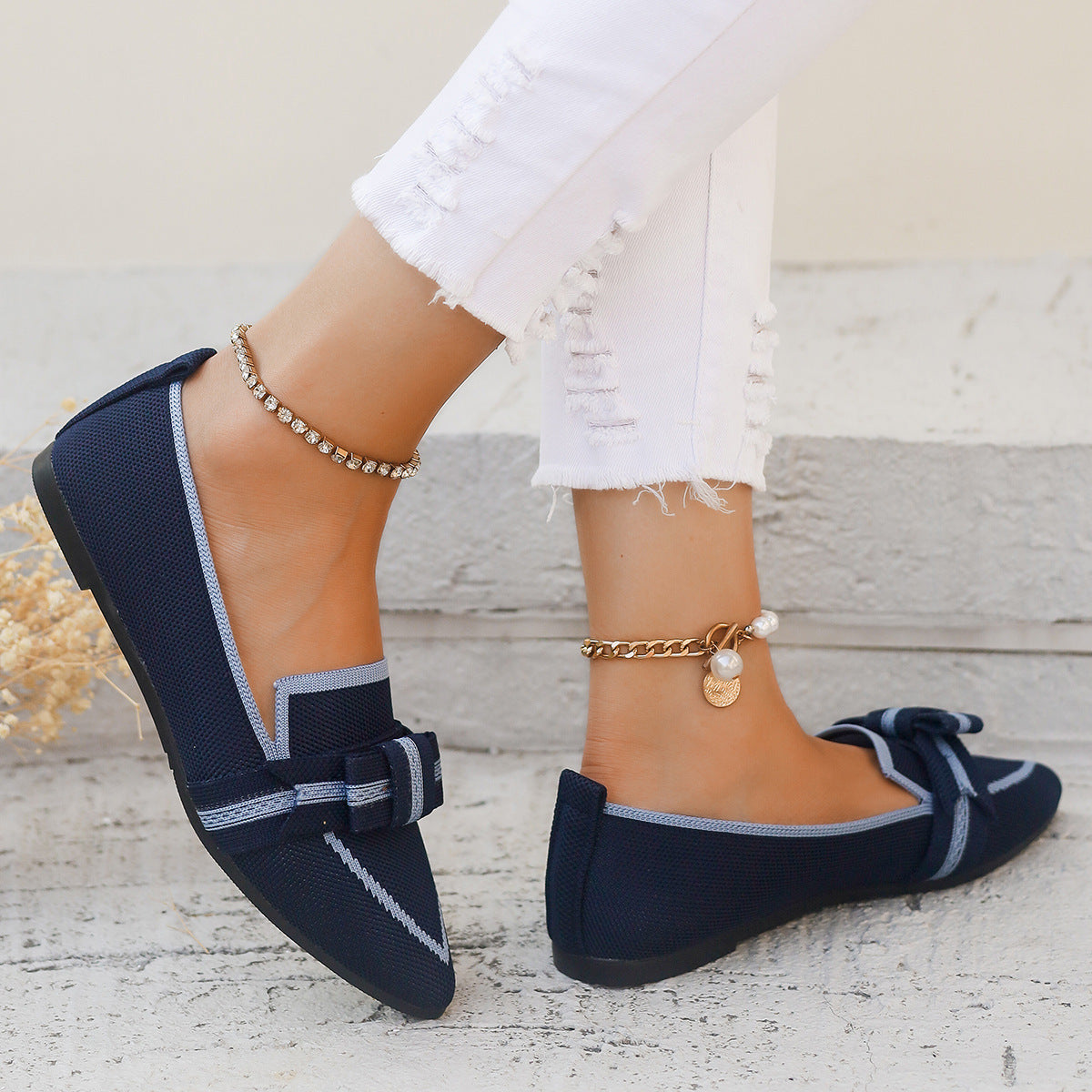 Buy navy-blue Women&#39;s Shoes flat elegant with bow, pointed toe, comfortable soft sole