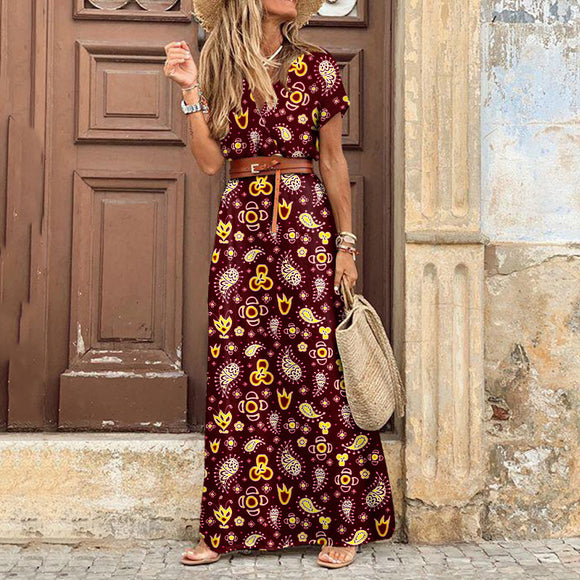 Bohemian Style Maxi Dress, floral print, elegant vintage, Dress with Belt Clothing