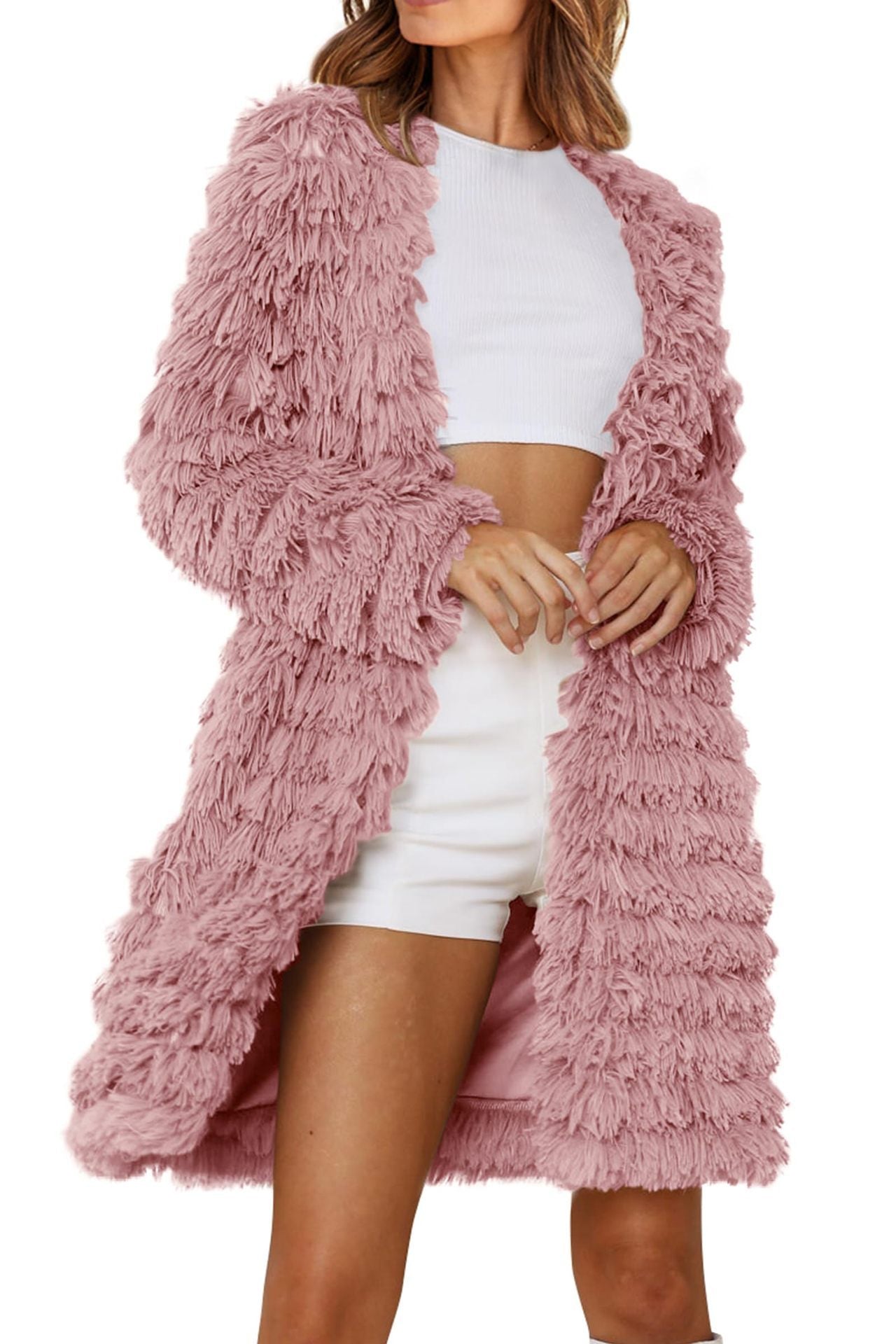 Women's jackets faux fur long sleeve Long cardigan open on the front