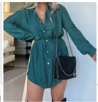 Elegant Satin Mini Dress Women Long-Sleeved Button-Up Chic Look